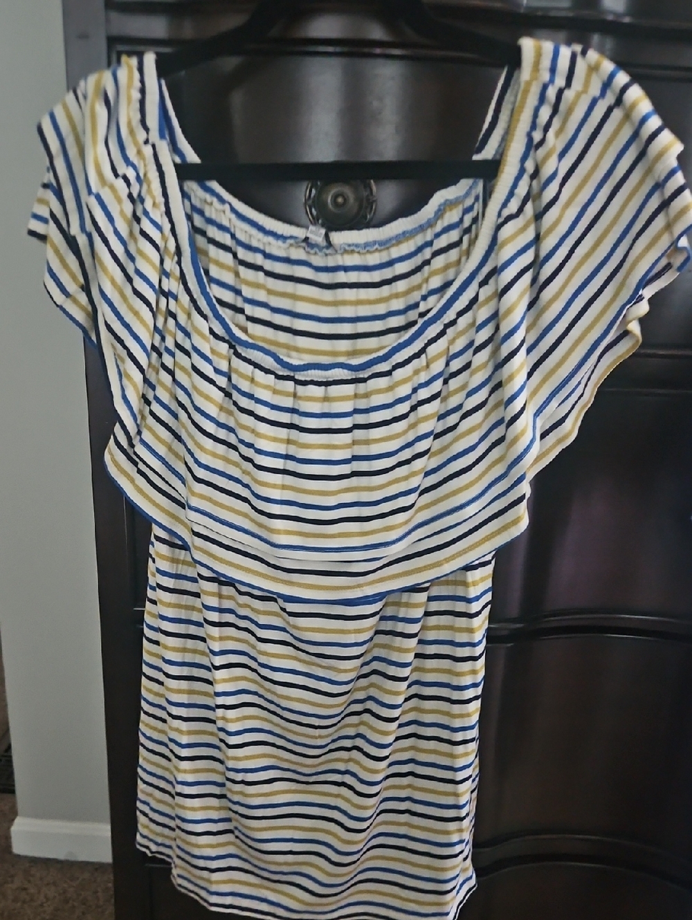 white birch Striped Off-Shoulder Tunic in Blue, Yellow & White